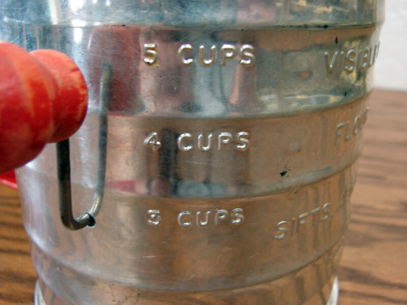 Vintage Nesco 5 Cup Flour Dry Ingredient Sifter Red Handle, Moose-R-Us.Com Antiques Collectibles Log Cabin Decor