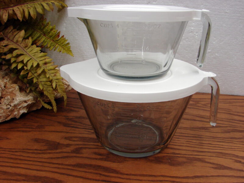 Set/2 Pampered Chef Glass Batter Measuring Bowls w/ New Style Lids 1 &#038; 2 Qt, Moose-R-Us.Com Antiques Collectibles Log Cabin Decor