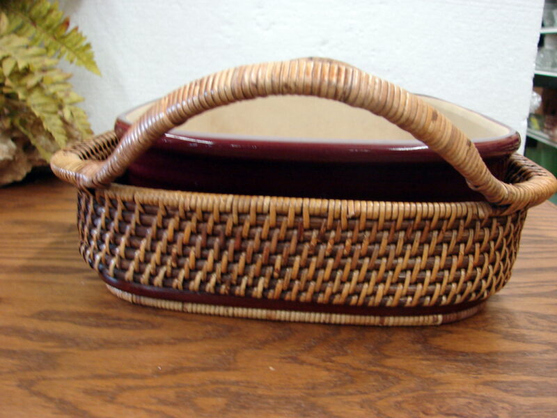 Pampered Chef Cranberry Stoneware Open Casserole with Woven Selections Basket, Moose-R-Us.Com Antiques Collectibles Log Cabin Decor
