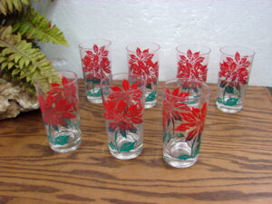 Set/7 Christmas Federal Glass Poinsettia Clear Glass Tumbler 5"