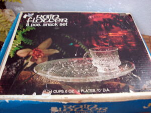 Two Vintage Federal Glass Company Hospitality Snack Set 8 Cups 8 Plates, Moose-R-Us.Com Antiques Collectibles Log Cabin Decor