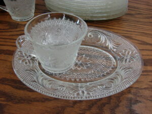 Two Vintage Federal Glass Company Hospitality Snack Set 8 Cups 8 Plates, Moose-R-Us.Com Antiques Collectibles Log Cabin Decor