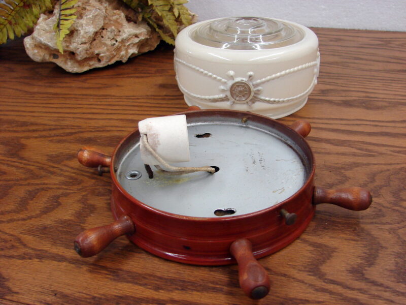 Vintage Milk Glass Nautical Ships Wheel Rope Flush Mount Ceiling Light Fixture, Moose-R-Us.Com Antiques Collectibles Log Cabin Decor