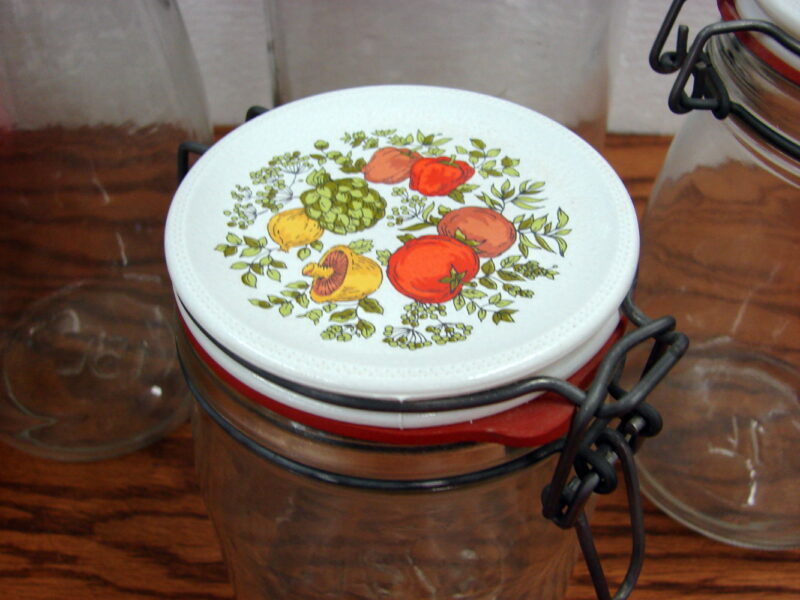 Unusual Vintage Glass Canning Jar Locking Canisters w/ Spice of Life Lids, Moose-R-Us.Com Antiques Collectibles Log Cabin Decor