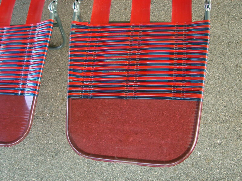 Set/2 Matching Vintage Tri Folding Vinyl Jelly Tube Chaise Lounge Chair Red Navy, Moose-R-Us.Com Antiques Collectibles Log Cabin Decor