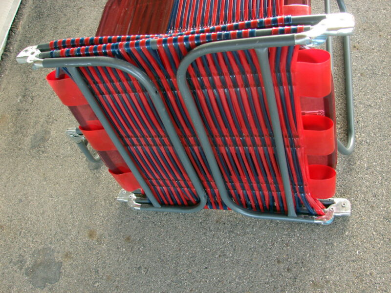 Set/2 Matching Vintage Tri Folding Vinyl Jelly Tube Chaise Lounge Chair Red Navy, Moose-R-Us.Com Antiques Collectibles Log Cabin Decor