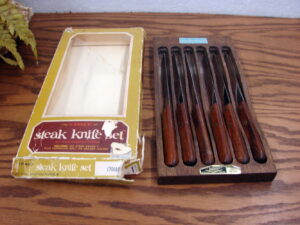 Vintage Set/6 Briddel Carvel Hall Silver Overlay Steak Knives in Box, Moose-R-Us.Com Antiques Collectibles Log Cabin Decor