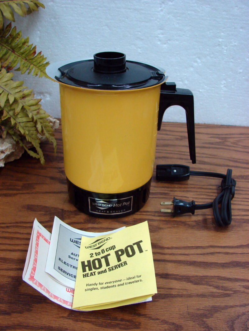 Vintage Brand New West Bend Yellow Hot Pot Food Warming Cabin Camping, Moose-R-Us.Com Antiques Collectibles Log Cabin Decor