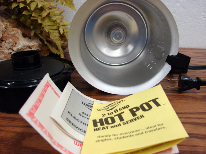 Vintage Brand New West Bend Yellow Hot Pot Food Warming Cabin Camping, Moose-R-Us.Com Antiques Collectibles Log Cabin Decor