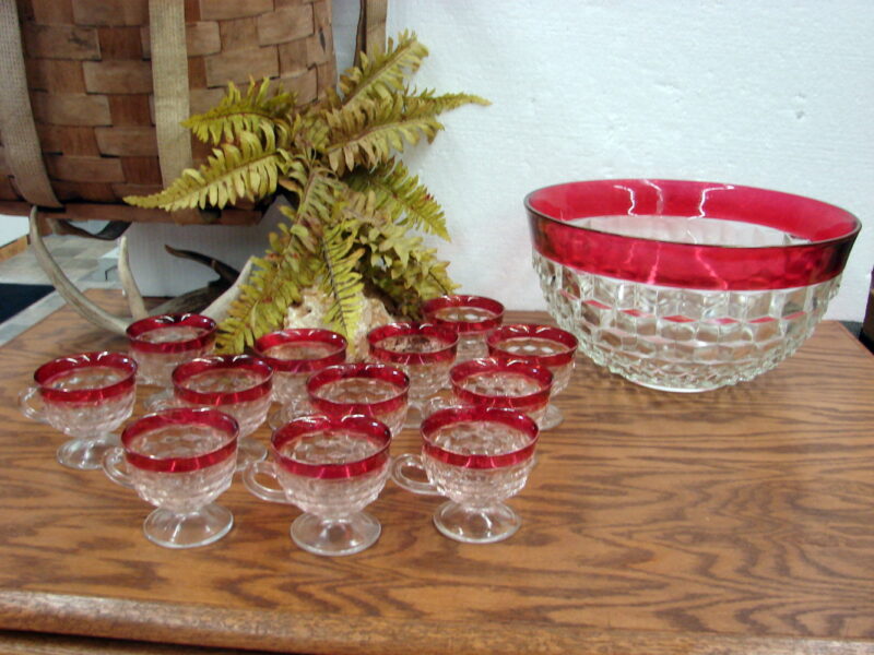 Vintage Cubist Whitehall Crystal Colony Ruby Flash Punch Bowl Cups 13 pc Set, Moose-R-Us.Com Antiques Collectibles Log Cabin Decor