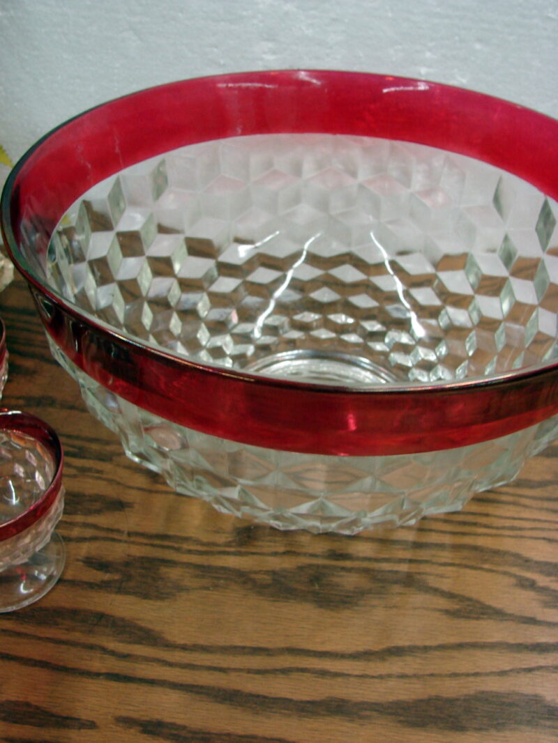 Vintage Cubist Whitehall Crystal Colony Ruby Flash Punch Bowl Cups 13 pc Set, Moose-R-Us.Com Antiques Collectibles Log Cabin Decor