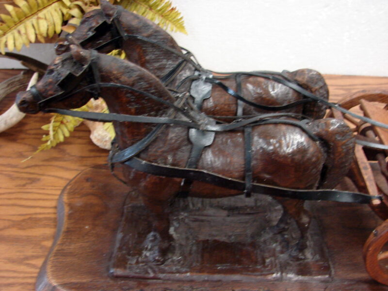 Large Vintage Hand Wood Carved Horse and Buggy Detailed Harness, Moose-R-Us.Com Antiques Collectibles Log Cabin Decor