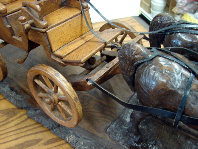 Large Vintage Hand Wood Carved Horse and Buggy Detailed Harness, Moose-R-Us.Com Antiques Collectibles Log Cabin Decor