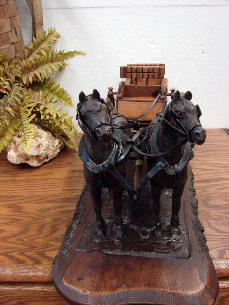 Large Vintage Hand Wood Carved Horse and Buggy Detailed Harness, Moose-R-Us.Com Antiques Collectibles Log Cabin Decor