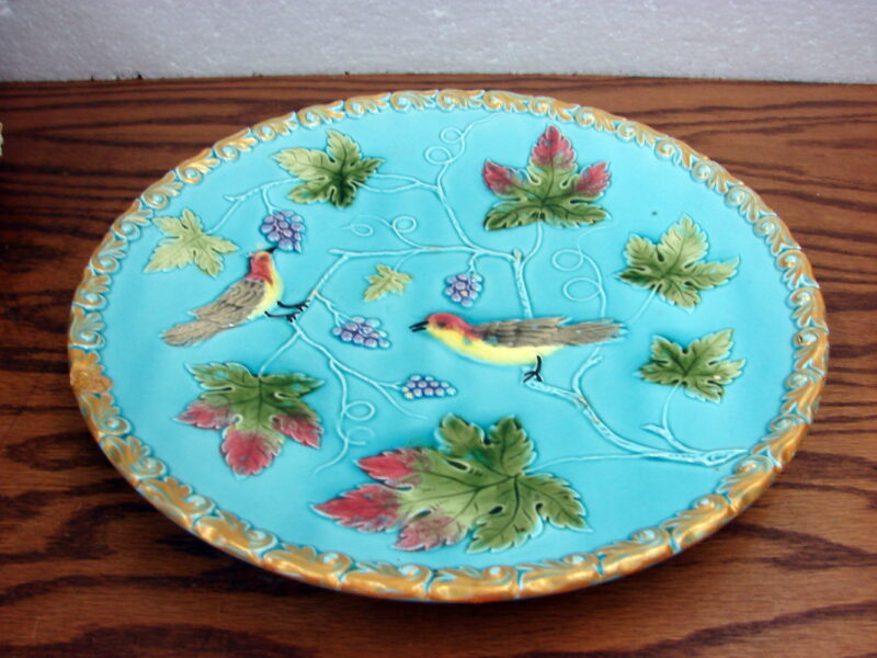 As Is Vintage Zell Majolica Plate Bird Grapevines 11” Made in Germany, Moose-R-Us.Com Antiques Collectibles Log Cabin Decor
