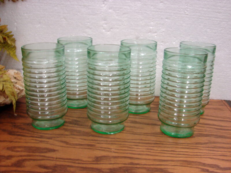 Vintage Set/6 Anchor Hocking Green Ribbed 6&#8243; Tumblers, Moose-R-Us.Com Antiques Collectibles Log Cabin Decor
