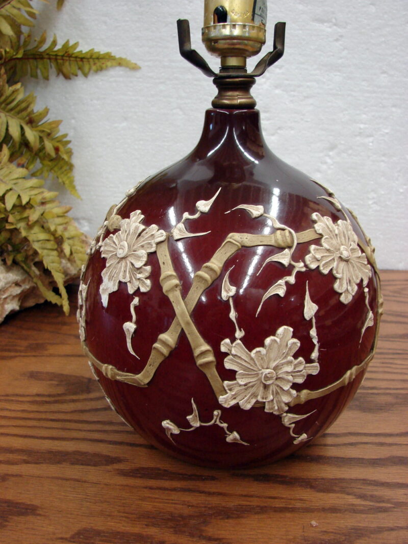 Vintage Ruby Gesso Applied Style Round Lamp Bamboo Flowers, Moose-R-Us.Com Antiques Collectibles Log Cabin Decor