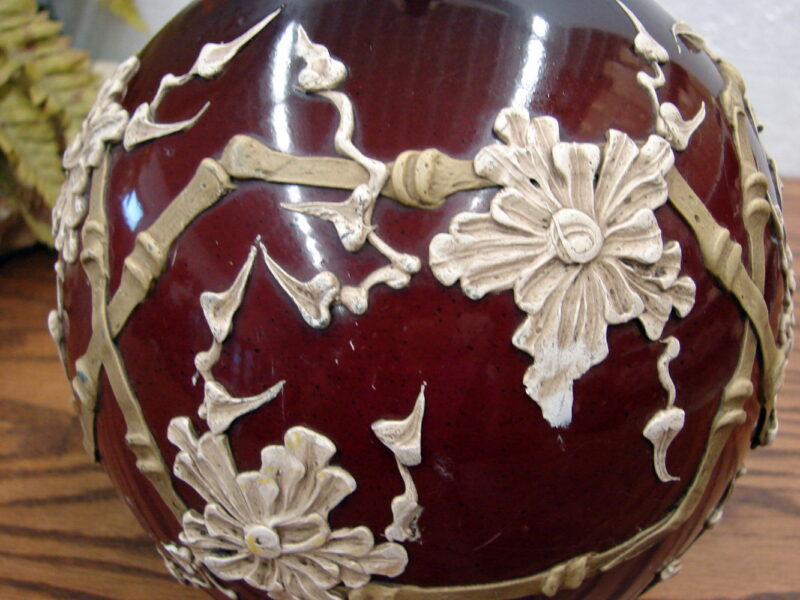 Vintage Ruby Gesso Applied Style Round Lamp Bamboo Flowers, Moose-R-Us.Com Antiques Collectibles Log Cabin Decor