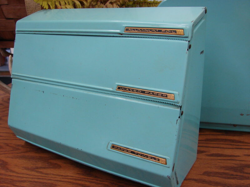 Vintage Blue Lincoln Beautyware Bread Box Wax Paper Foil Paper Towel Dispenser, Moose-R-Us.Com Antiques Collectibles Log Cabin Decor