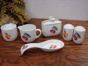 Vintage Corning Ware Corelle Fruit Basket Salt Pepper Napkin Holder Creamer Sugar Spoon Rest