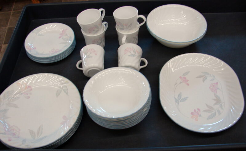 Corning Ware Pink Trio Floral Swirl Corelle Dinnerware 33 Piece, Moose-R-Us.Com Antiques Collectibles Log Cabin Decor