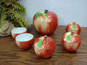 Vintage Kitchen Canister Set Purinton Fruit Slipware Pottery Rotating Lazy Susan, Moose-R-Us.Com Antiques Collectibles Log Cabin Decor