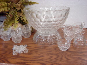 Two Vintage Federal Glass Company Hospitality Snack Set 8 Cups 8 Plates, Moose-R-Us.Com Antiques Collectibles Log Cabin Decor