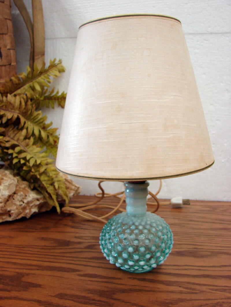 Vintage Fenton Hobnail Blue Opalescent Glass Bedroom Boudoir Lamp, Moose-R-Us.Com Antiques Collectibles Log Cabin Decor