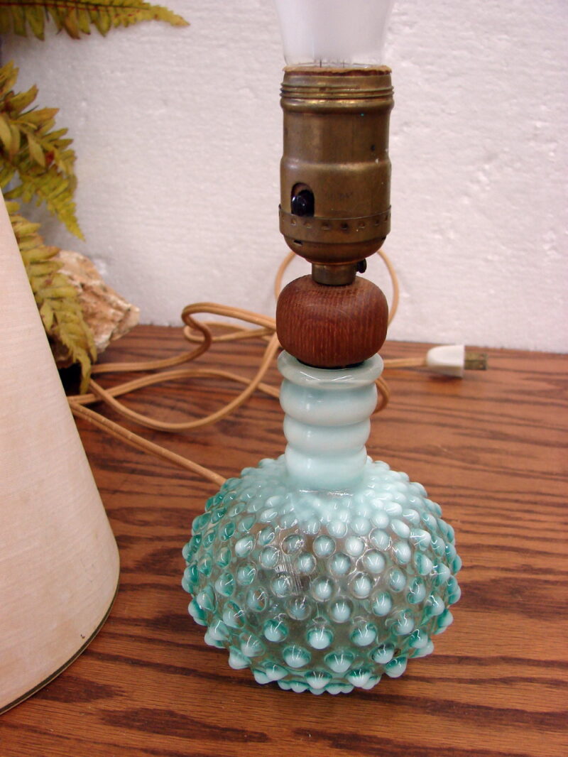 Vintage Fenton Hobnail Blue Opalescent Glass Bedroom Boudoir Lamp, Moose-R-Us.Com Antiques Collectibles Log Cabin Decor