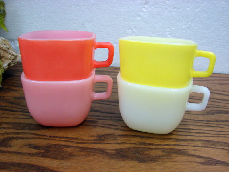 Set/4 Vintage Glasbake Square Lipton Soup Mugs Pink Salmon Yellow White, Moose-R-Us.Com Antiques Collectibles Log Cabin Decor