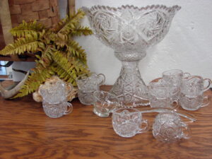 Gorgeous Vintage Imperial Glass Whirling Star Punch Bowl Pedestal Cups Glass Ladle