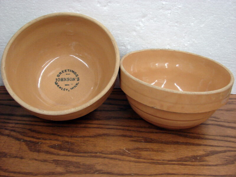 Set/2 Vintage USA Tan Stoneware Advertising Bowls Johnson&#8217;s Hawley MN, Moose-R-Us.Com Antiques Collectibles Log Cabin Decor