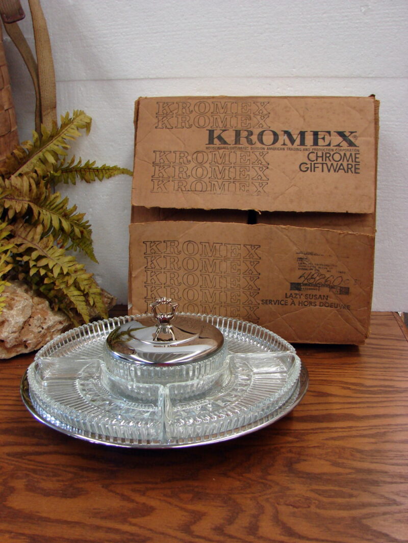 Vintage Like New Kromex Chrome Glass Hors d&#8217;oeuvres Lazy Susan Set Original Box, Moose-R-Us.Com Antiques Collectibles Log Cabin Decor