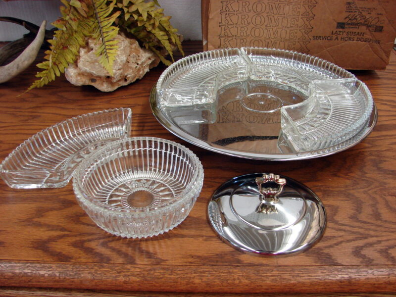 Vintage Like New Kromex Chrome Glass Hors d&#8217;oeuvres Lazy Susan Set Original Box, Moose-R-Us.Com Antiques Collectibles Log Cabin Decor