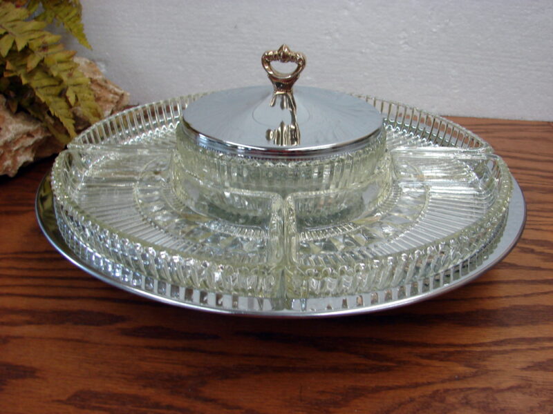 Vintage Like New Kromex Chrome Glass Hors d&#8217;oeuvres Lazy Susan Set, Moose-R-Us.Com Antiques Collectibles Log Cabin Decor