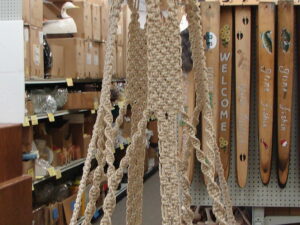 1970's Large Macrame 6 1/2 Foot Hanging Glass Table and Plant Ball Hanger