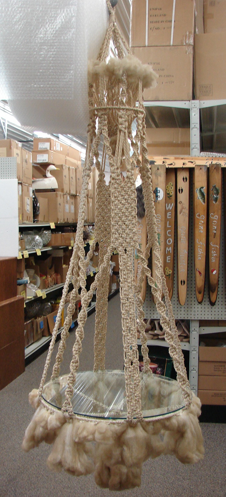 1970's Large Macrame 6 1/2 Foot Hanging Glass Table and Plant Ball Hanger