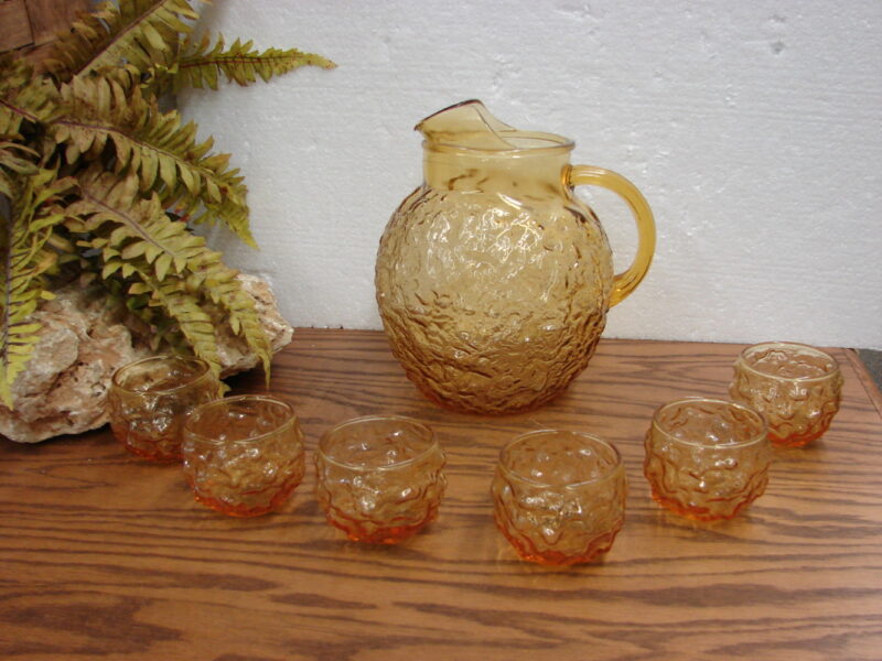 Vintage Set Anchor Hocking Lido Milano Honey Amber Roly Poly Glasses Pitcher, Moose-R-Us.Com Antiques Collectibles Log Cabin Decor