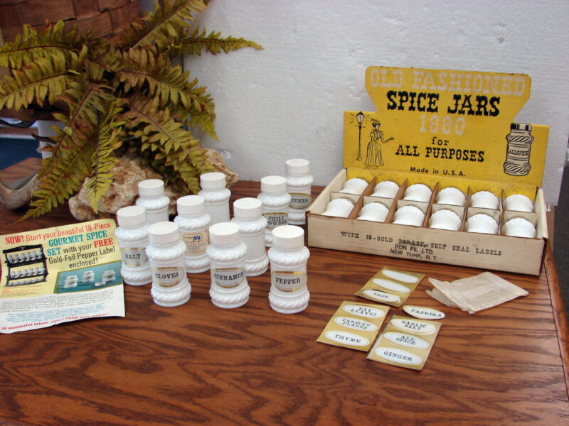Retro Milk Glass Spice Jar Shaker Lot Brand New in Box 22 Misc Jars + Labels, Moose-R-Us.Com Antiques Collectibles Log Cabin Decor