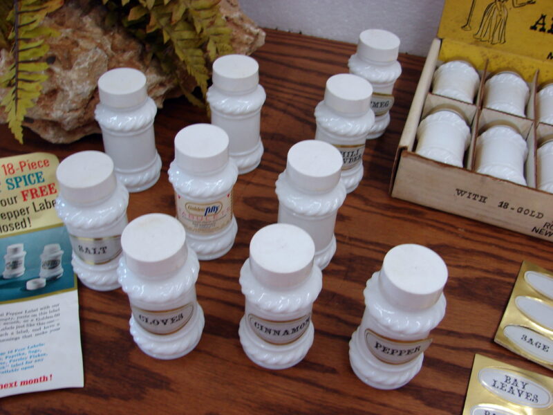 Retro Milk Glass Spice Jar Shaker Lot Brand New in Box 22 Misc Jars + Labels, Moose-R-Us.Com Antiques Collectibles Log Cabin Decor
