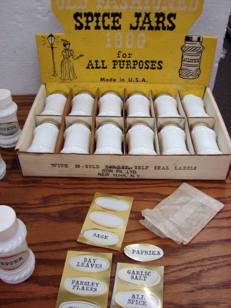 Retro Milk Glass Spice Jar Shaker Lot Brand New in Box 22 Misc Jars + Labels, Moose-R-Us.Com Antiques Collectibles Log Cabin Decor