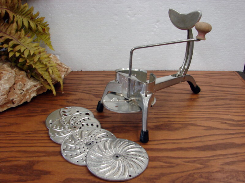 Vintage Mouli-Julienne Salad Maker Complete 5 Disc Set Wood Knob Handle, Moose-R-Us.Com Antiques Collectibles Log Cabin Decor
