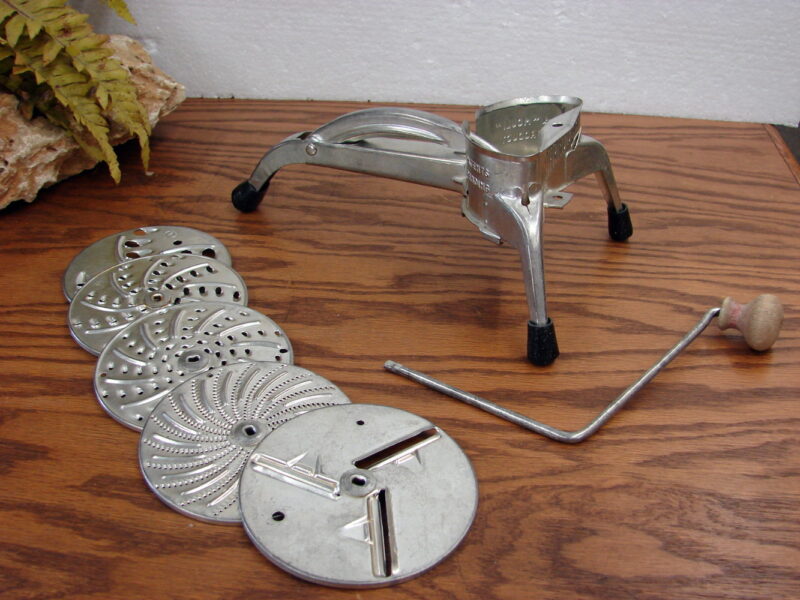Vintage Mouli-Julienne Salad Maker Complete 5 Disc Set Wood Knob Handle, Moose-R-Us.Com Antiques Collectibles Log Cabin Decor