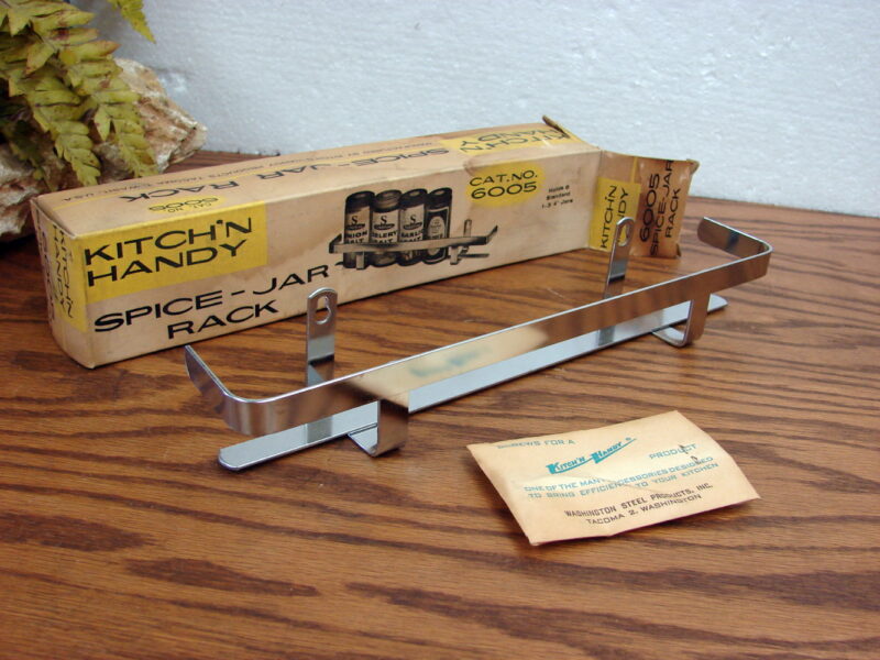 Vintage Retro Brand New Kitch&#8217;n Handy Metal Spice Jar Rack Original Box, Moose-R-Us.Com Antiques Collectibles Log Cabin Decor