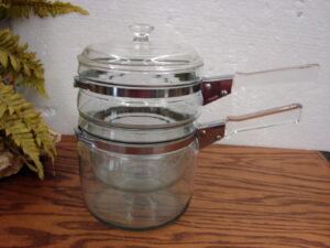Complete Vintage PYREX Flameware Glass Double Boiler Sauce Pan Knob Lid
