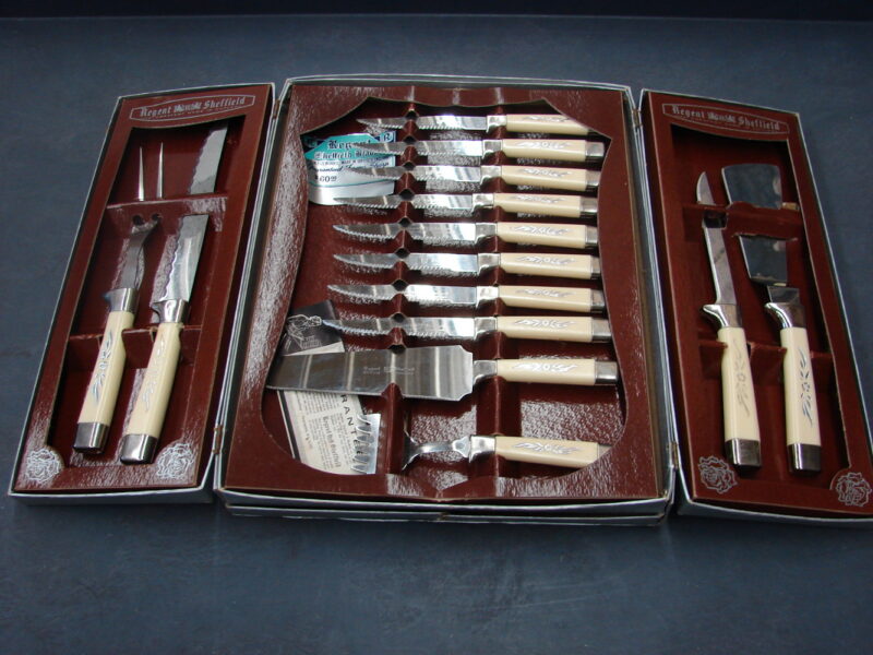 Vintage England Regent Sheffield 19 Pc Presentation Set Ivory Silver Handles, Moose-R-Us.Com Antiques Collectibles Log Cabin Decor