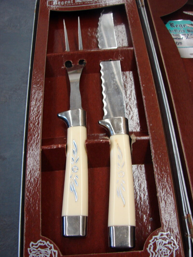 Vintage England Regent Sheffield 19 Pc Presentation Set Ivory Silver Handles, Moose-R-Us.Com Antiques Collectibles Log Cabin Decor