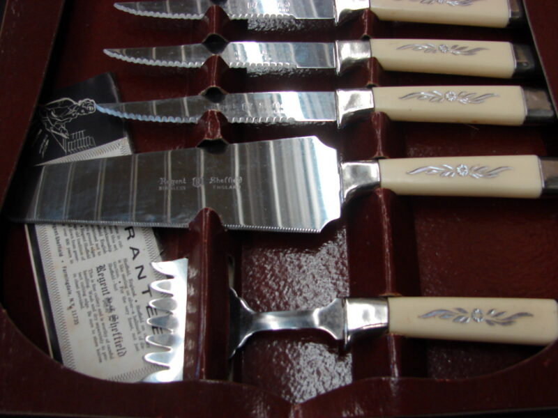 Vintage England Regent Sheffield 19 Pc Presentation Set Ivory Silver Handles, Moose-R-Us.Com Antiques Collectibles Log Cabin Decor