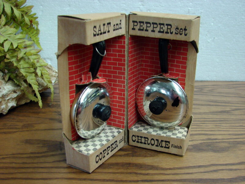 Vintage &#8220;Copper and Chrome&#8221; Frying Pan Salt Pepper Shakers in Original Box, Moose-R-Us.Com Antiques Collectibles Log Cabin Decor