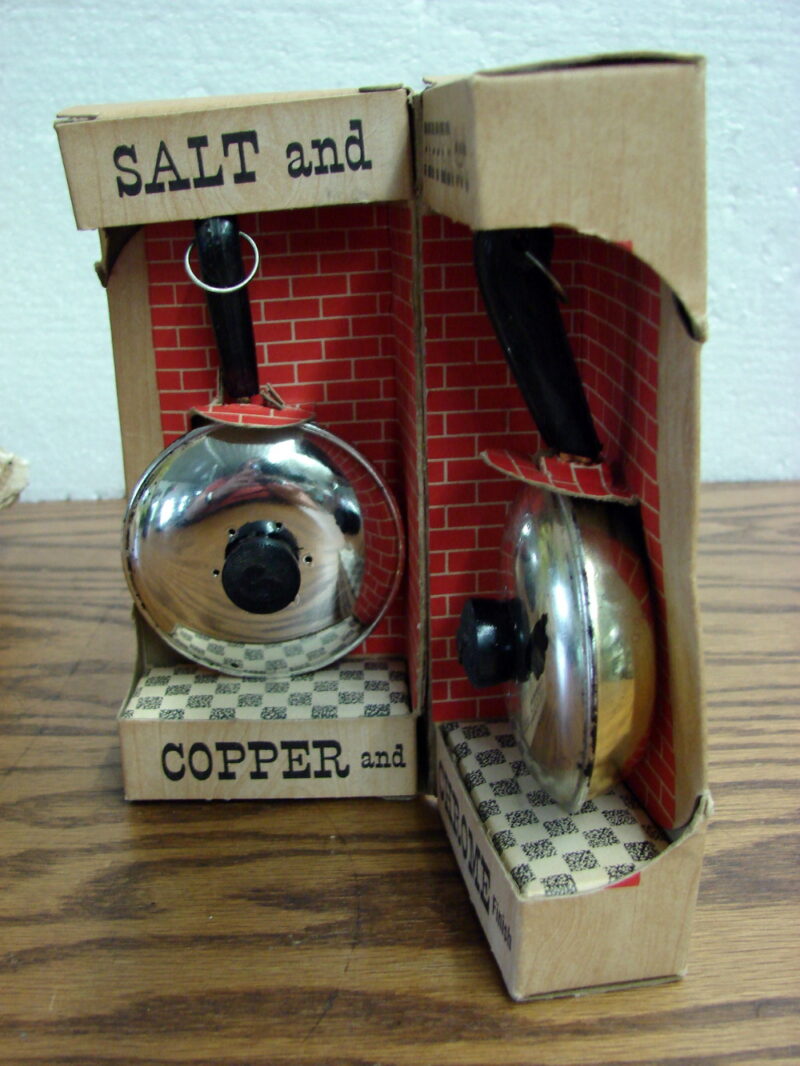 Vintage &#8220;Copper and Chrome&#8221; Frying Pan Salt Pepper Shakers in Original Box, Moose-R-Us.Com Antiques Collectibles Log Cabin Decor